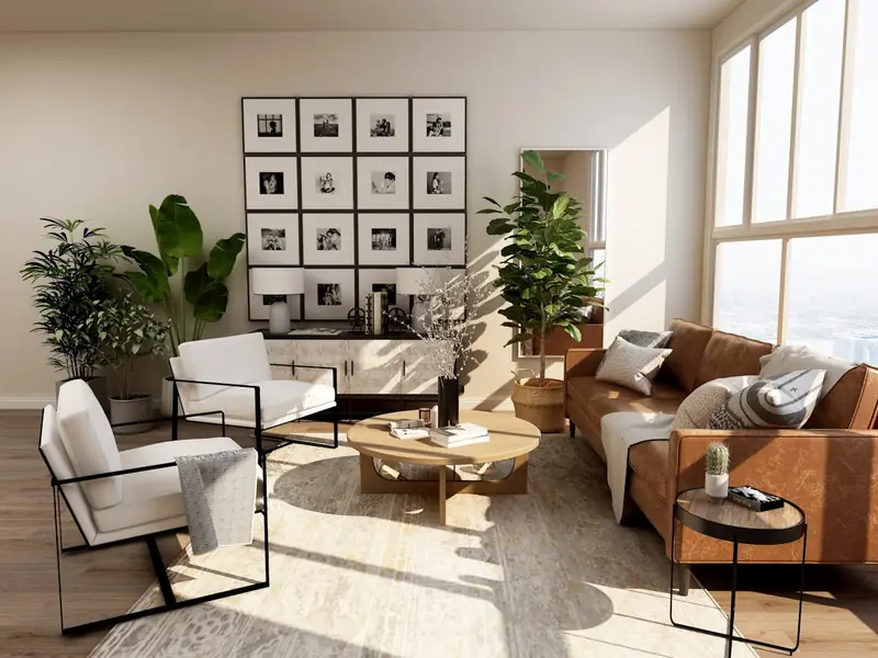 Sunlit living room after a whole-home remodel